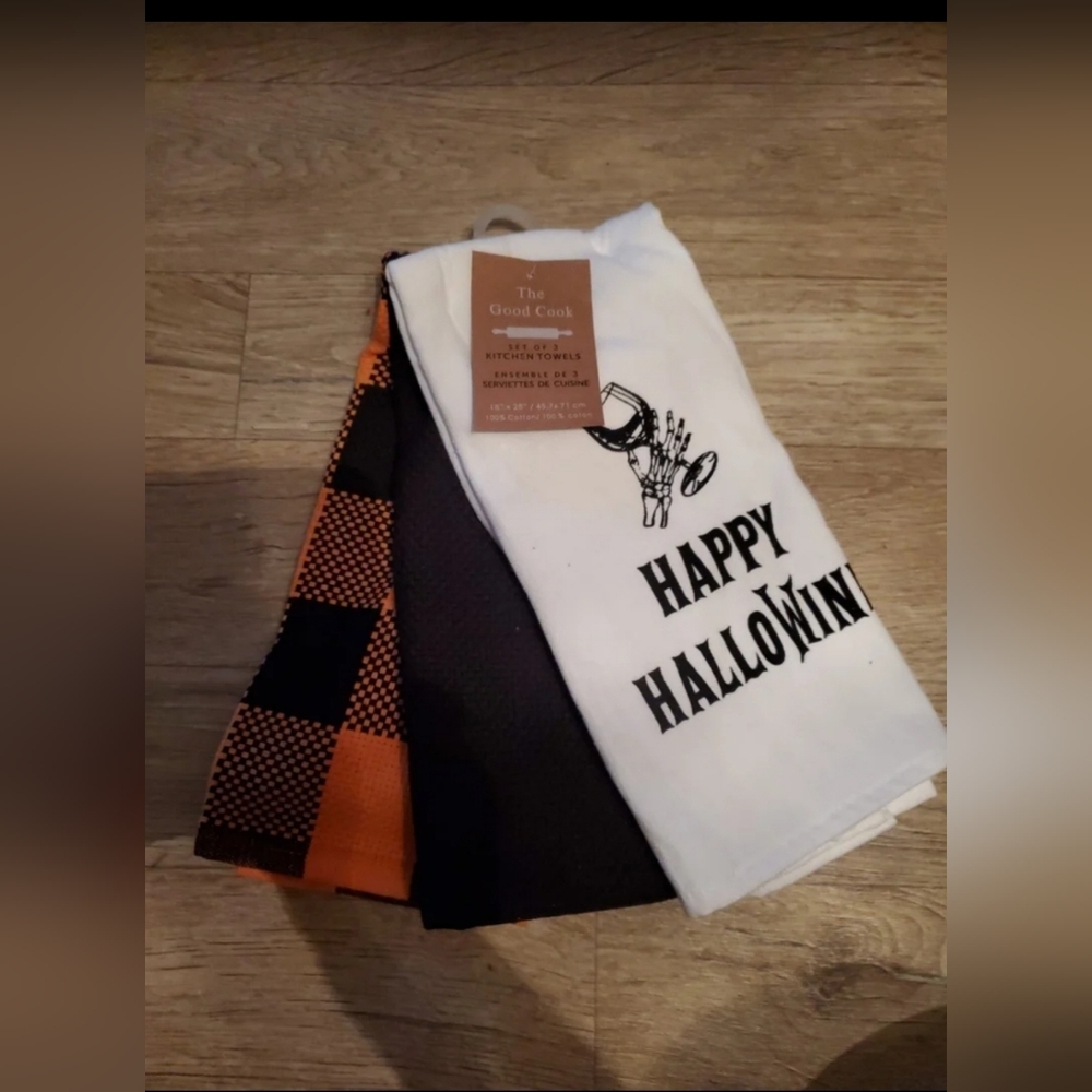 Halloween Kitchen Towels 3 pcs Set The Good Cook Orange Black White New